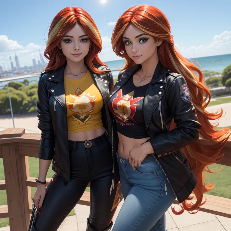 score_9, score_8_up, score_7_up, score_6_up, score_5_up, score_4_up, (Sunset Shimmer from equestria girls), (1girl), solo, Sunset Shimmer focus, movie accurate equestria girls, solo, medium breasts, athletic, messy hair, view of full body, beautiful, female, long hair, vector, cute, angry, black leather jacket, orange crop top, underboob, formfitting torn blue jeans, buckled black boots, kicking in door