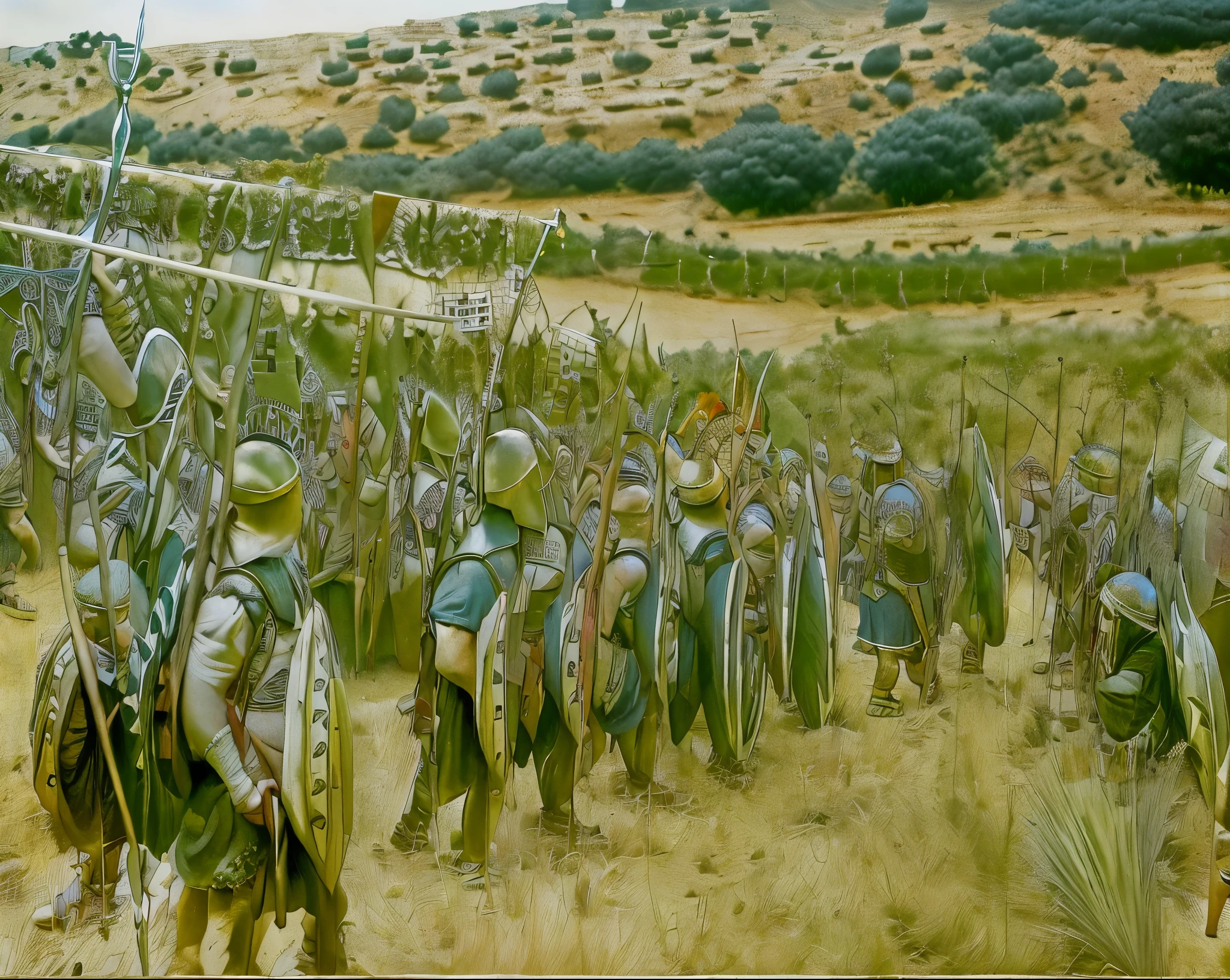 photograph of a large group of people wearing linothorax armor and feathered helmet and greaves and sandals, standing on a hill, dry, summer, mediterranean landscape, holding shield, holding spear standing in a field,large scale battle, distant battle of cannae 216 bce, leading spartans into battle, 1 2 0 0 , epic battlescene, ancient battlefield, huge armies, 4 0 0 , background of invading army, aftermath of a huge battle, epic battle scene, in battle, trojan war