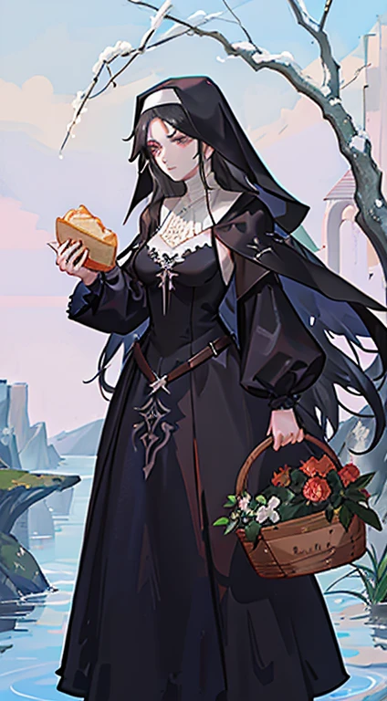 there is a woman in a black dress holding a basket of bread, nun outfit, artwork in the style of guweiz, black - haired mage, dressed like a cleric, yennefer of vengerberg, in the art style of bowater, yennefer, detailed fanart, abigail larson, inspired by Li Chevalier, character art closeup
