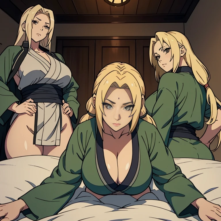 multiple thick body females lying down front side on bed with view of konoha, show 50% back side, raised hips, tsunade robe tsunade jacket, top view looking down