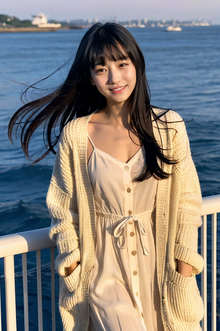 Beautiful girl wearing a summer dress、thin summer cardigan、13years、japanes、Sunset sea from the ship deck、No bulge in the chest、Wheat-colored　The skin、heavy wind、Straight long black hair with bangs、Luxury liner、少し日焼けしたThe skin、Black、the setting sun、smil、