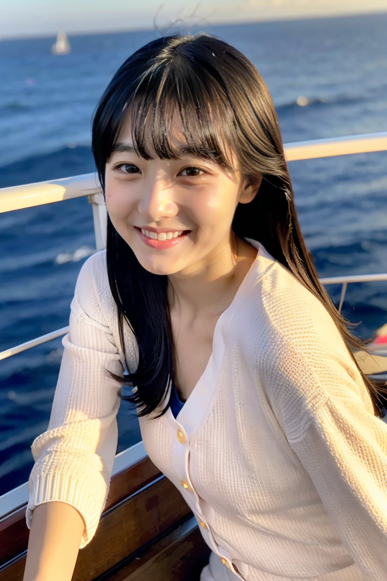 Beautiful girl wearing a summer dress、thin summer cardigan、13years、japanes、Sunset sea from the ship deck、No bulge in the chest、Wheat-colored　The skin、heavy wind、Straight long black hair with bangs、Luxury liner、少し日焼けしたThe skin、Black、the setting sun、smil、