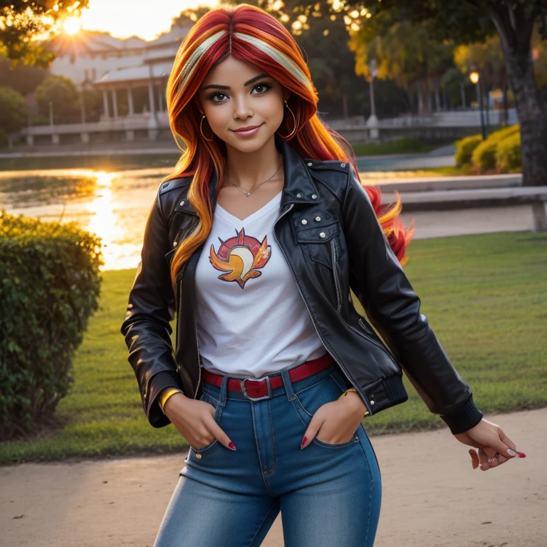 1 hermosa chica , 20yr old , Sunsethuman , Sunset Shimmer from my little pony, Sunset Shimmer in the form of a girl , pechos grandes , pechos voluminosos, pechos firmes , sexy , blusa azul , small black jacket with folded sleeves , pantalon de mezclilla azul ajustado , botas largas con tacon estilo motociclista sexy , tacones , cinco dedos, manos detalladas, dos tonos de pelo, cabello rojo y amarillo , baile, parque , escenario, eslora completa, atardecer , verano, hermosa sonrisa , lindo maquillaje , labios rojos , posando y saludando para foto