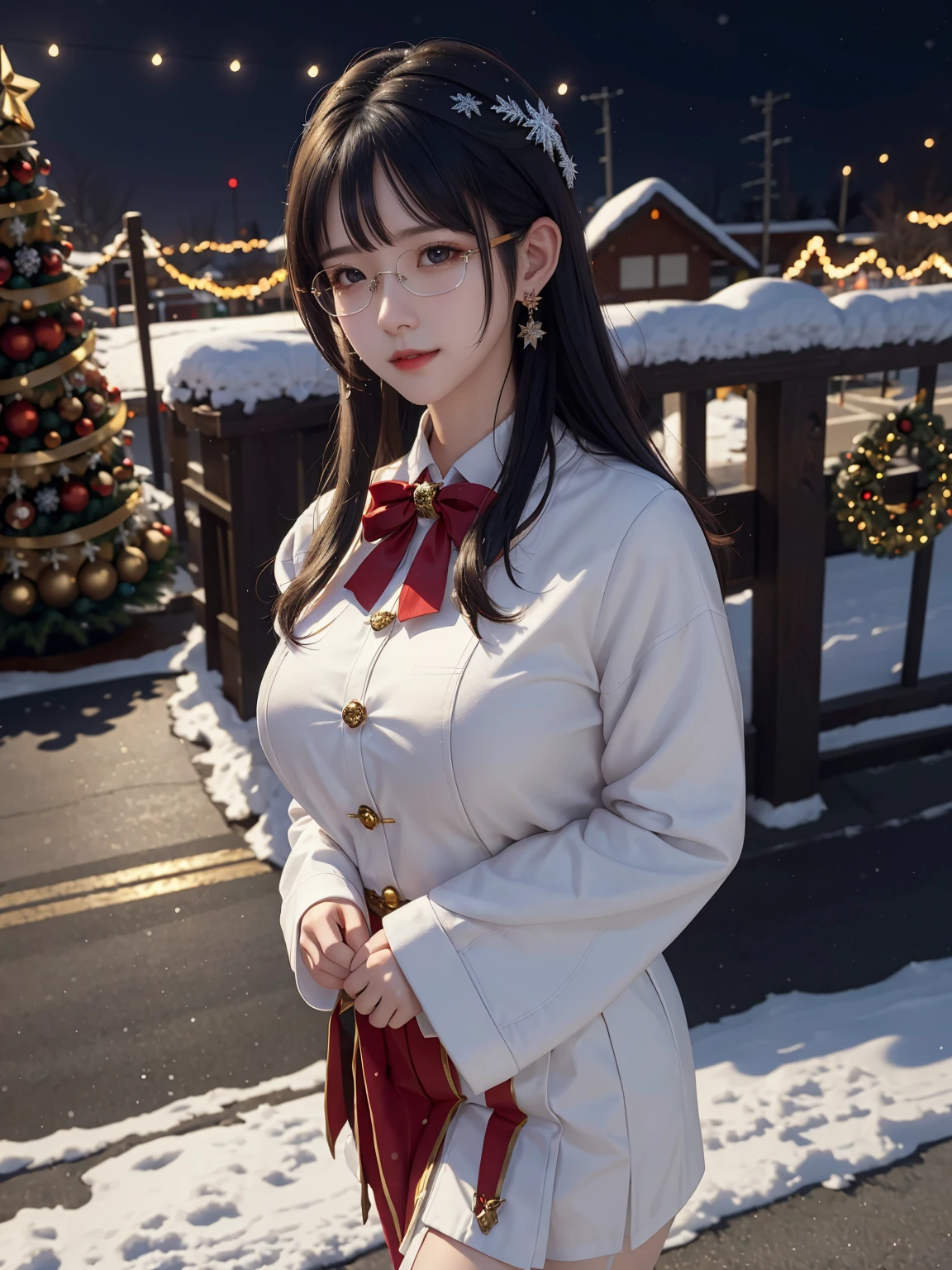 (masterpiece:1.3), live wallpaper, top-quality, Beautifully Aesthetic:1.2, ((1 girl)), solo, (red and white colors christmas uniform, shirt, long skirt), (black brown Hair, Straight hair, short hair), detailed face, detailed eyes, detailed ears, detailed lips, ((eye-glasses)), (perfect body (firm breast, nicely shaped breasts, slender figure)), (arms behind back), (Upper body shot:1.1), (From front:1.3), (Looking at viewer, smiling), (elegant stylish contraposto pose:1.2), (walking on the modern street at Christmas night with snow:1.3), christmas night, christmas tree, christmas gifts, snow, ((At the middle of christmas celebration decorated for christmas :1.2)), intricate background, ultra realistic background