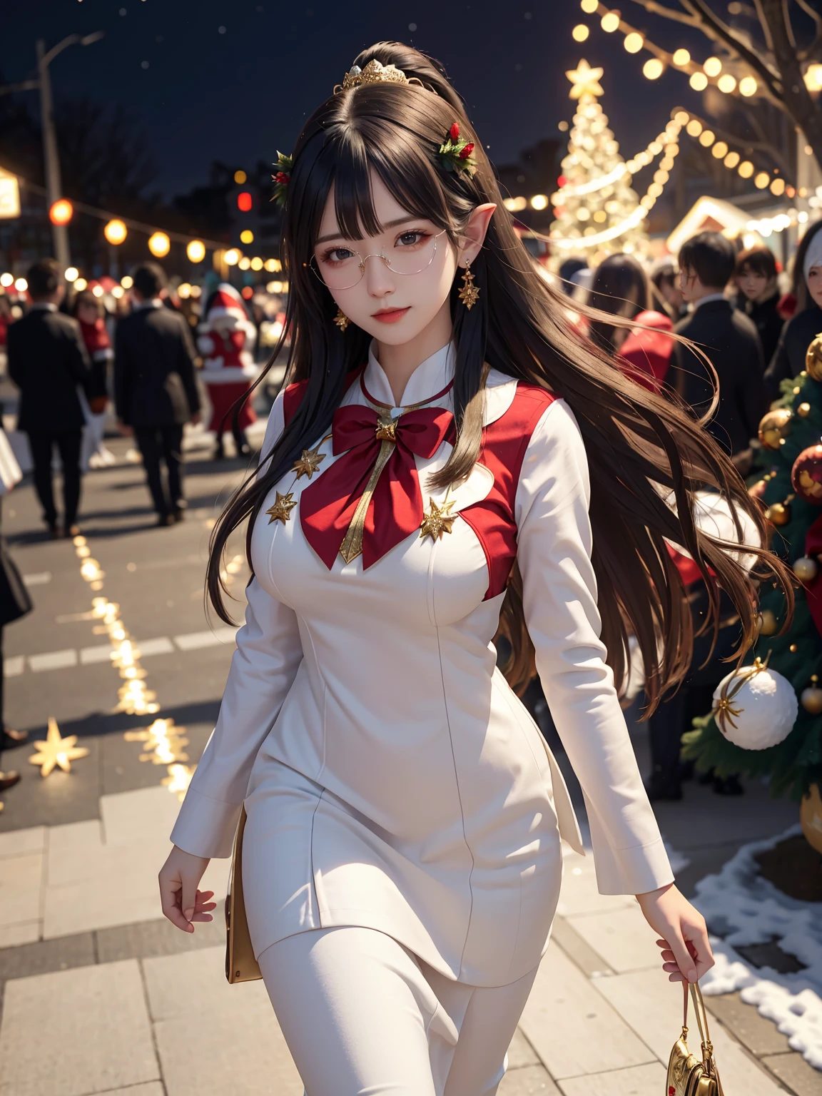 (masterpiece:1.3), live wallpaper, top-quality, Beautifully Aesthetic:1.2, ((1 girl)), solo, (red and white colors christmas uniform, shirt, long skirt), (black brown Hair, Straight hair, short hair), detailed face, detailed eyes, detailed ears, detailed lips, ((eye-glasses)), (perfect body (firm breast, nicely shaped breasts, slender figure)), (arms behind back), (Upper body shot:1.1), (From front:1.3), (Looking at viewer, smiling), (elegant stylish contraposto pose:1.2), (walking on the modern street at Christmas night with snow:1.3), christmas night, christmas tree, christmas gifts, snow, ((At the middle of christmas celebration decorated for christmas :1.2)), intricate background, ultra realistic background