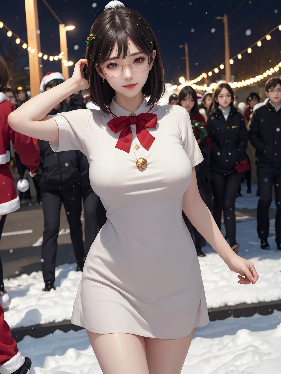 (masterpiece:1.3), live wallpaper, top-quality, Beautifully Aesthetic:1.2, ((1 girl)), solo, (red and white colors christmas uniform, shirt, long skirt), (black brown Hair, Straight hair, short hair), detailed face, detailed eyes, detailed ears, detailed lips, ((eye-glasses)), (perfect body (firm , nicely shaped breastder figure)), (arms behind back), (Upper body shot:1.1), (From front:1.3), (Looking at viewer, smiling), (elegant stylish contraposto pose:1.2), (walking on the modern street at Christmas night with snow:1.3), christmas night, christmas tree, christmas gifts, snow, ((At the middle of christmas celebration decorated for christmas :1.2)), intricate background, ultra realistic background