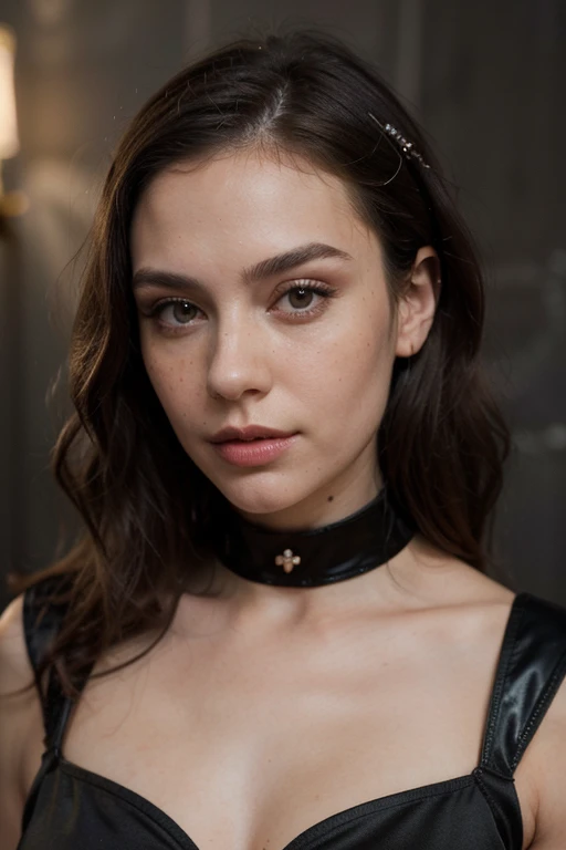 ((Best Quality)), ((Masterpiece)), (Detailed), a perfect face, transsexual, with a male penis with an erection, super realistic, black hair, medium-sized breasts, slave collar on neck, Nudie, hands are chained in channels, Against the backdrop of a medieval castle, black long straight hair, extreme close up portrait, brown eye, mesmerizing stare, seductive gaze, Eye-catching look, Body girth 36-25-36, Height 5'7", RAW photography, 8K, , Masterpiece, full-body shooting, Top Quality, small pores, Realistic, Photorealistic, Ultra Detailed