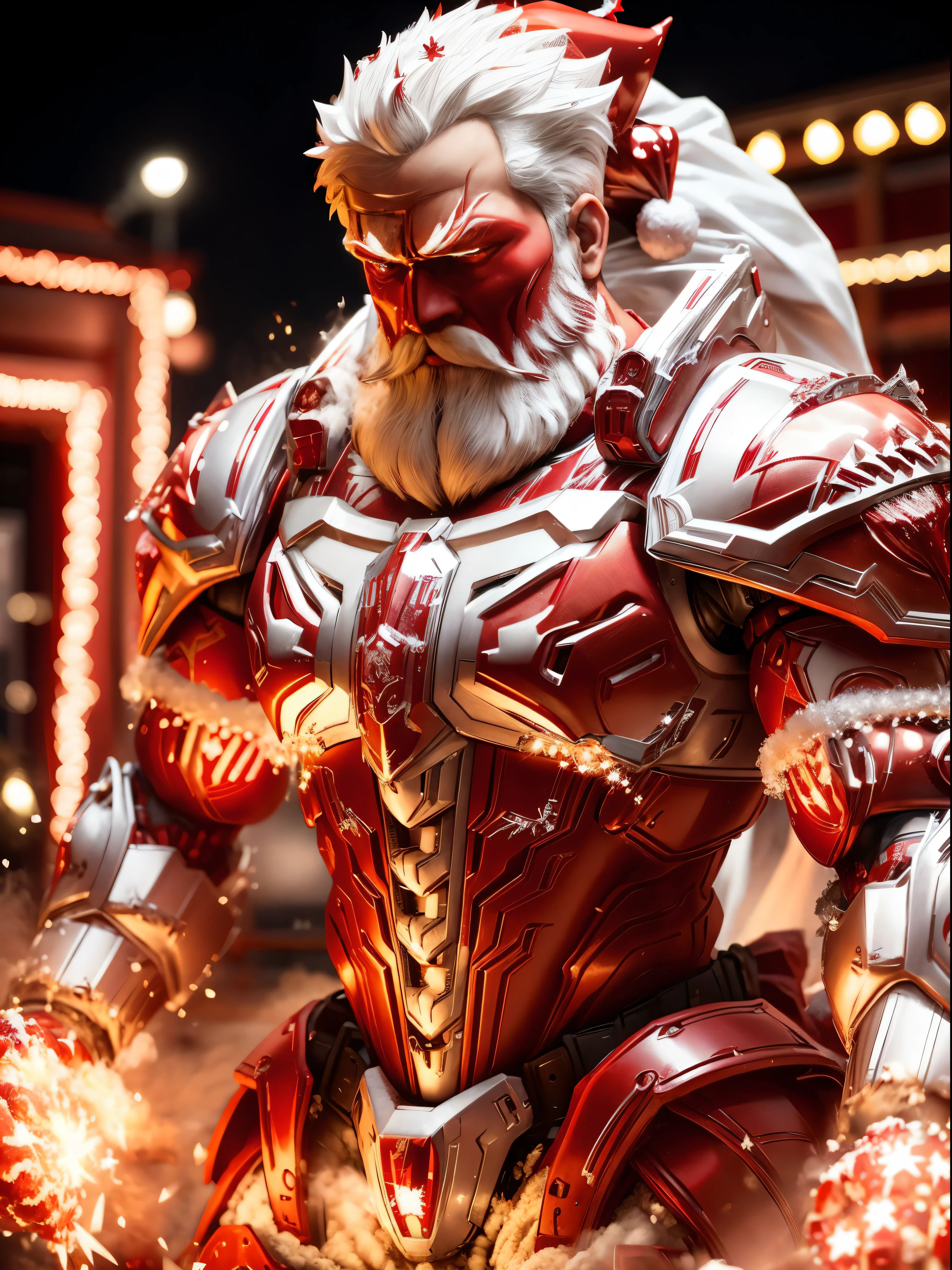 Santa Clause, (red, white:1.5), Santa HEAD, HEAVY CRYSTAL ARMOR, TRANSPARANT, Christmas lights decoration, Santa BODY, , colourful smoke