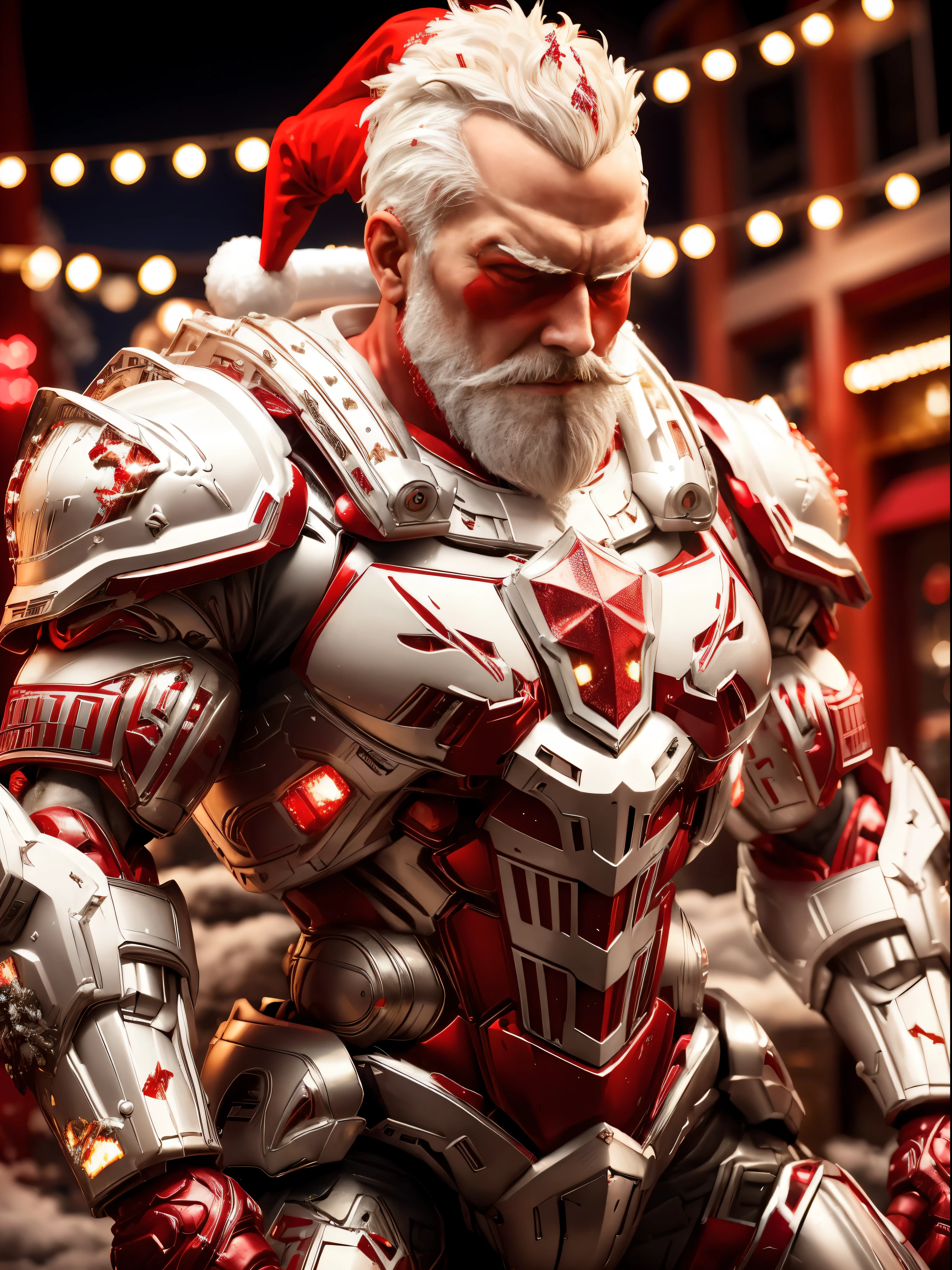 Santa Clause, (red, white:1.5), Santa HEAD, HEAVY CRYSTAL ARMOR, TRANSPARANT, Christmas lights decoration, Santa BODY, , colourful smoke