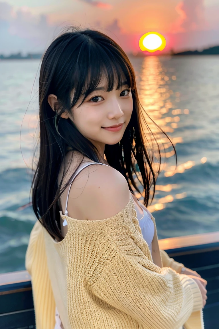 Beautiful girl wearing a summer dress、thin summer cardigan、13years、japanes、Sunset sea from the ship deck、No bulge in the chest、Wheat-colored The skin、heavy wind、Straight long black hair with bangs、Luxury liner、少し日焼けしたThe skin、Black、the setting sun、smil、