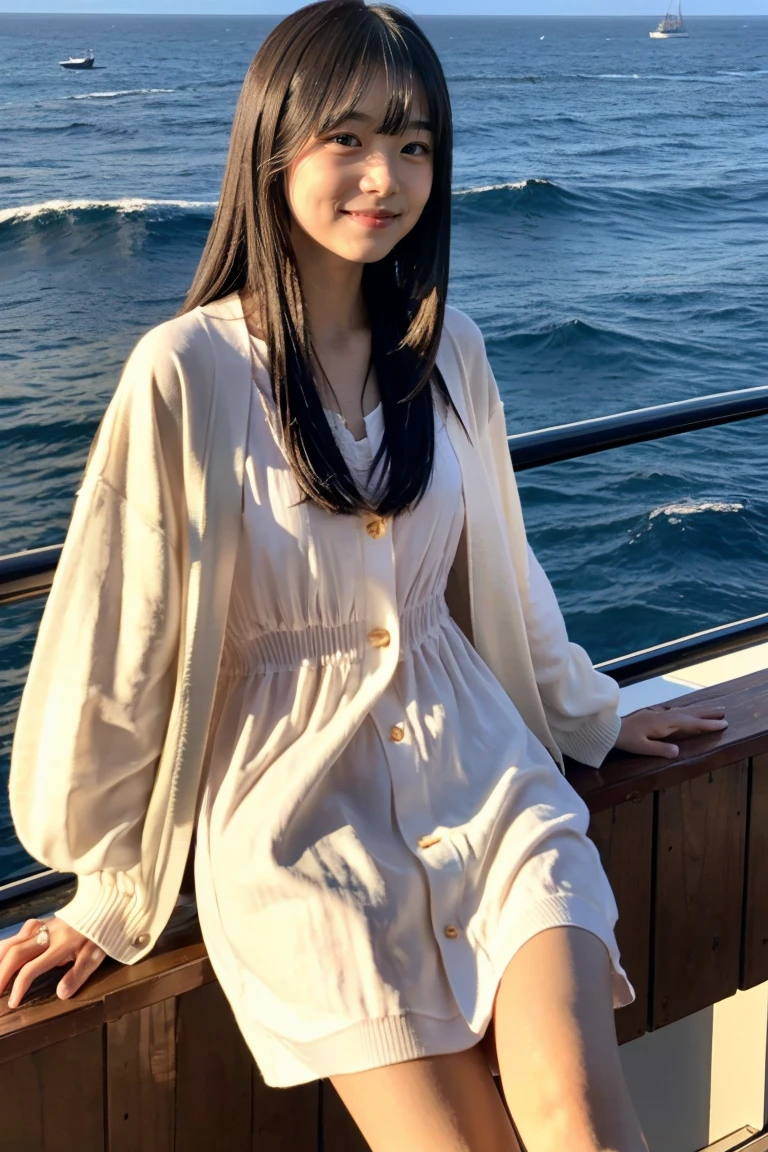 Beautiful girl wearing a summer dress、thin summer cardigan、13years、japanes、Sunset sea from the ship deck、No bulge in the chest、Wheat-colored The skin、heavy wind、Straight long black hair with bangs、Luxury liner、少し日焼けしたThe skin、Black、the setting sun、smil、