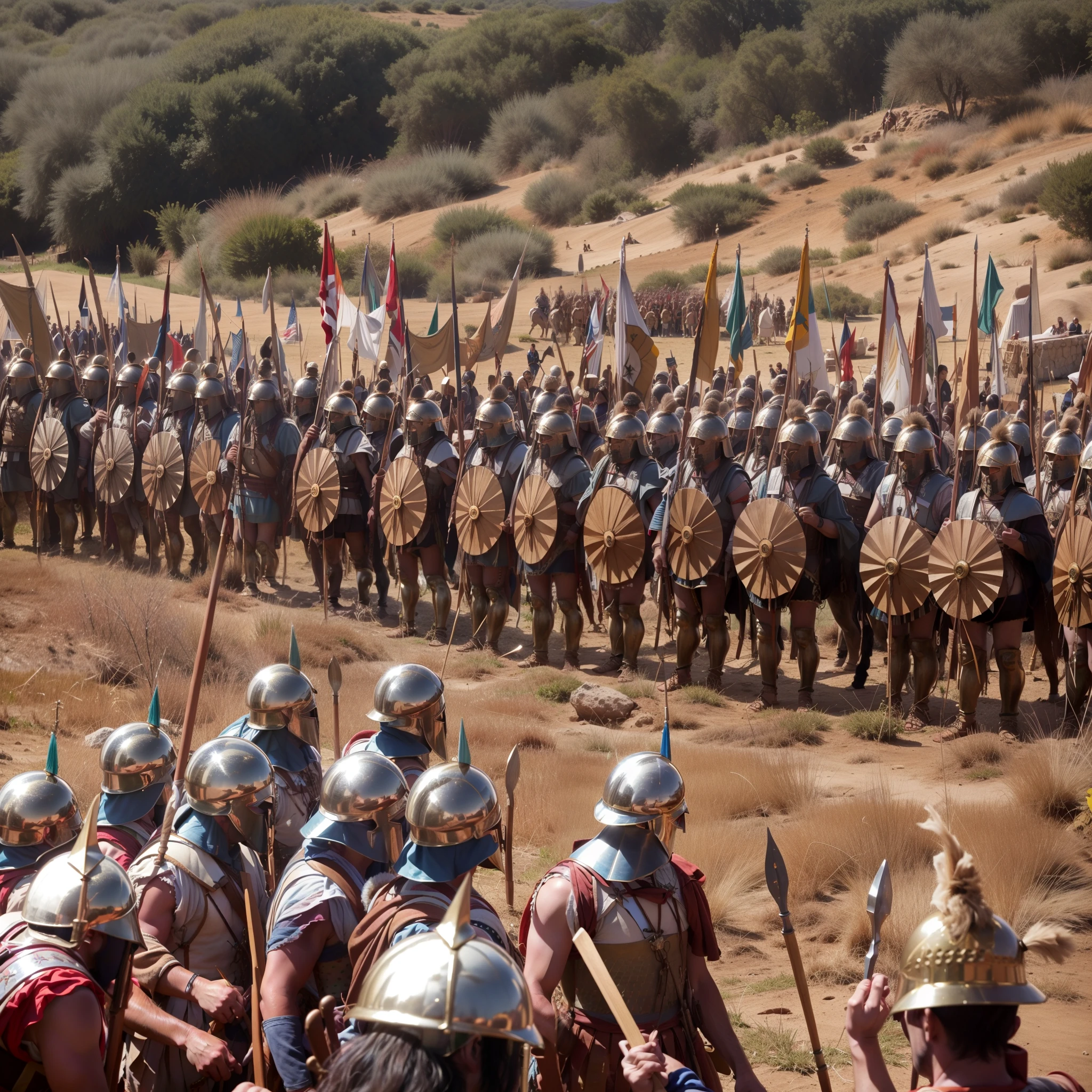 photography of a crowd of soldiers wearing linothorax armor and feathered helmet and greaves and sandals, standing on a hill, dry, summer, mediterranean landscape, holding shield, holding spear, with shields and spears, (La mejor calidad, Altas Resoluciones, fotorrealista:1.37), ultra detallado, Hachas de guerra greekas, resplandor celestial, Guerreros feroces, Antiguos campos de batalla, Guerreros de los dioses, Epic showdown, potencia intensa, Historical war, Dramatic lighting, Mystical aura, Armas divinas, Mythical battlefields, Lucha legendaria, Campeones heroicos, Fearless warriors, Leyendas antiguas, grito de guerra, Triunfo y gloria, immersive atmosphere, Epic combat, Escena impresionante, Mythical warriors, hoplite, film-like composition, intense energy, Mythical heroes, mythical creatures, Fierce determination, Awesome action, dynamic poses, Choque monumental, Ethereal Beauty, Mythical realms, Mythical force, Divine Intervention,bestias sobrenaturales,guerra de mundos,minotauro,hidra,centauro,bestias magicas,montruos terorificos,fierras