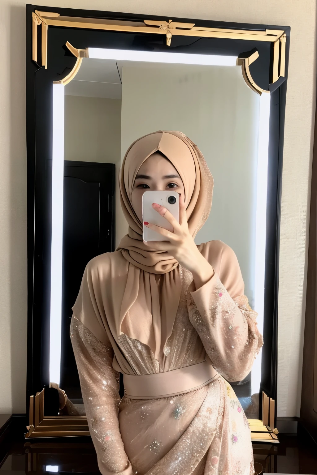 ((Perfect proportional)), ((Perfect photo)), ((Ekstreme detiled)), ((best quality)), ((masterpiece)), (detailed), perfect face
young of indonesian wearing full of hijab dress woman and wearing kebaya indonesia traditional costume, with minus lens spectacle, in the darken room taking a selfie in front of a mirror with "iphone 15 pro" with blitz light phone, a picture by Lü Ji, instagram contest winner, aestheticism, aesthetic, feminine, clean with dusty and water spore in the mirror