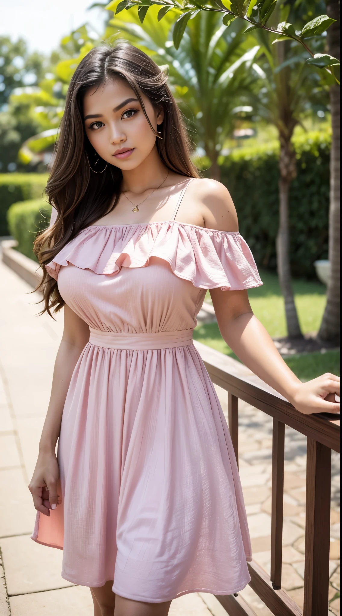 RAW, Best quality, high resolution, masterpiece: 1.3), Beautiful Malay woman , Masterpiece, perfect fit body, Big breasts, beautiful big eyes, Soft smile,RAW, Best quality, high resolution, masterpiece: 1.3), beautiful Malay woman ,Masterpiece, perfect fit body, big breast, big orgeous eyes, Soft smile, beutifull face,thick thighs,long hair,brown hair, woman in Pink Off-the-Shoulder posing for a picture, frock, pink dress, vintage dress, cute dress, dress, dress, cute checkerboard sundress, romantic dress, summer dress, stylish dress, short sleeves, dress and cloth, 5 0 s style, 50s style, feminine girly dress, idian dress, long dress female , Great lighting, Bright colors, Clean lines