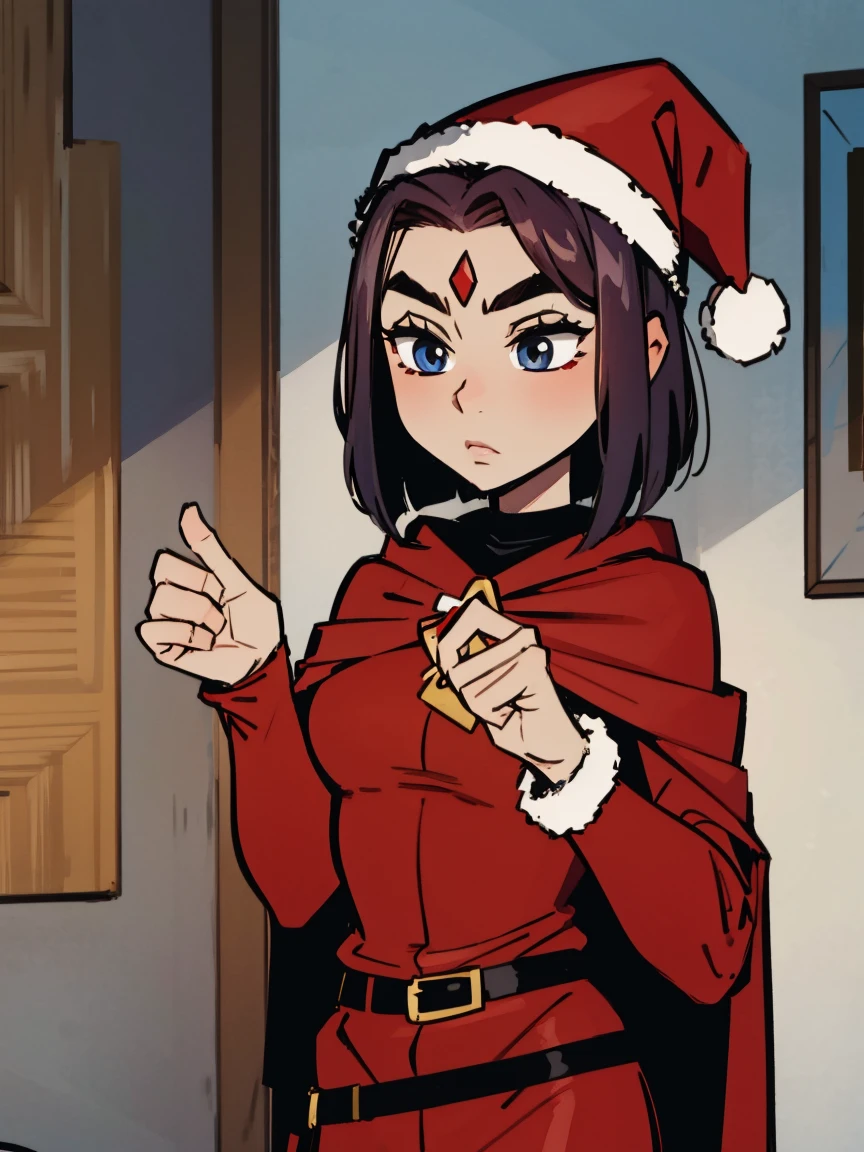 Raven, santa outfit, red jewel on forehead, santa hat, detailed, masterpiece