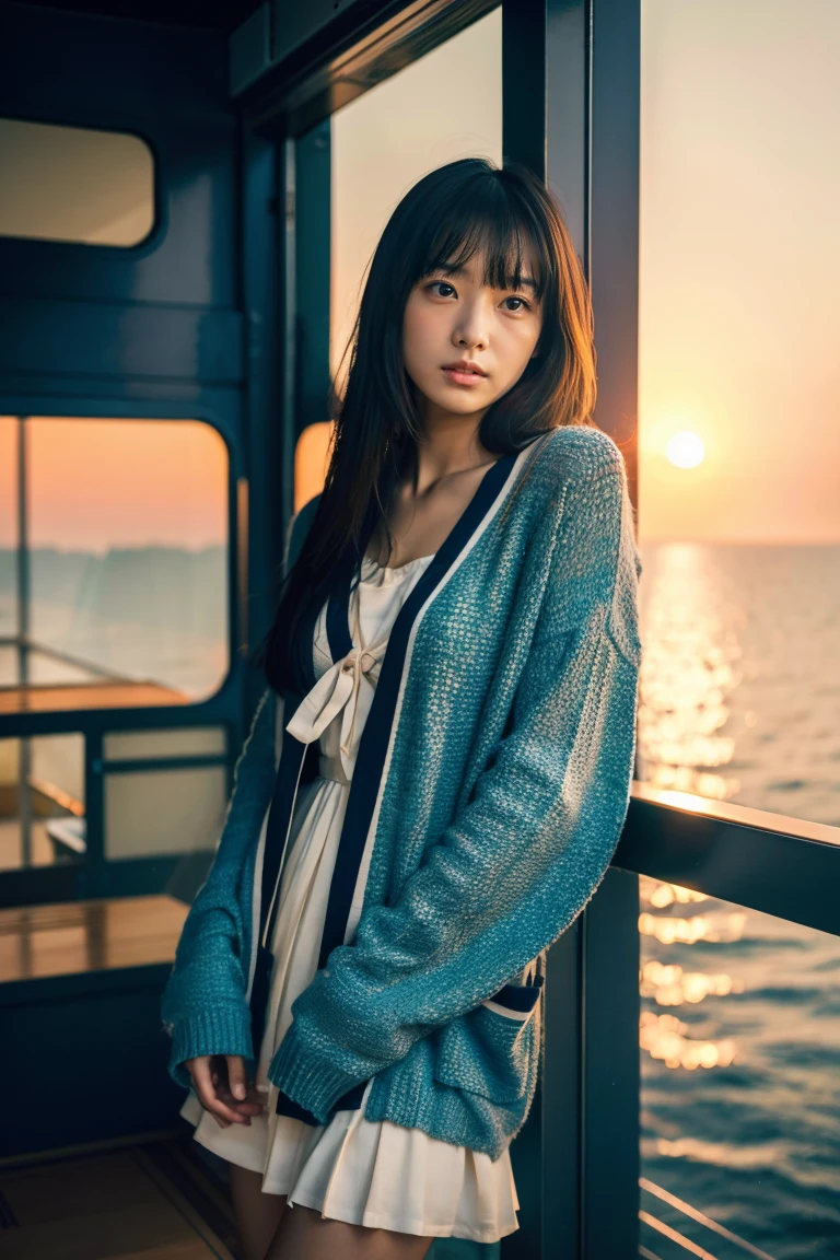 Beautiful girl wearing a summer dress、thin summer cardigan、15yo student、japanes、Sunset sea from the ship deck、No bulge in the chest、Wistful expression、Wheat-colored The skin、heavy wind、Straight long black hair with bangs、Luxury liner、少し日焼けしたThe skin、Black、the setting sun、