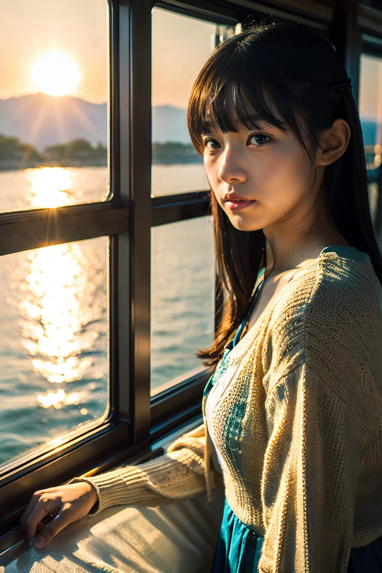 Beautiful girl wearing a summer dress、thin summer cardigan、15yo student、japanes、Sunset sea from the ship deck、No bulge in the chest、Wistful expression、Wheat-colored The skin、heavy wind、Straight long black hair with bangs、Luxury liner、少し日焼けしたThe skin、Black、the setting sun、