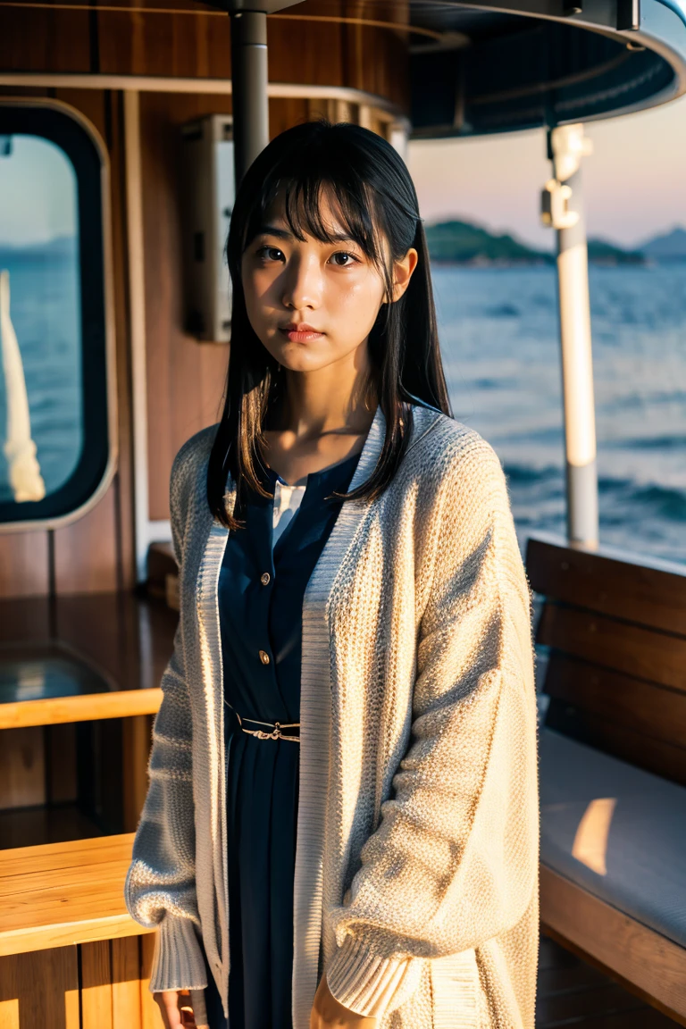 Beautiful girl wearing a summer dress、thin summer cardigan、15yo student、japanes、Sunset sea from the ship deck、No bulge in the chest、Wistful expression、Wheat-colored The skin、heavy wind、Straight long black hair with bangs、Luxury liner、少し日焼けしたThe skin、Black、the setting sun、