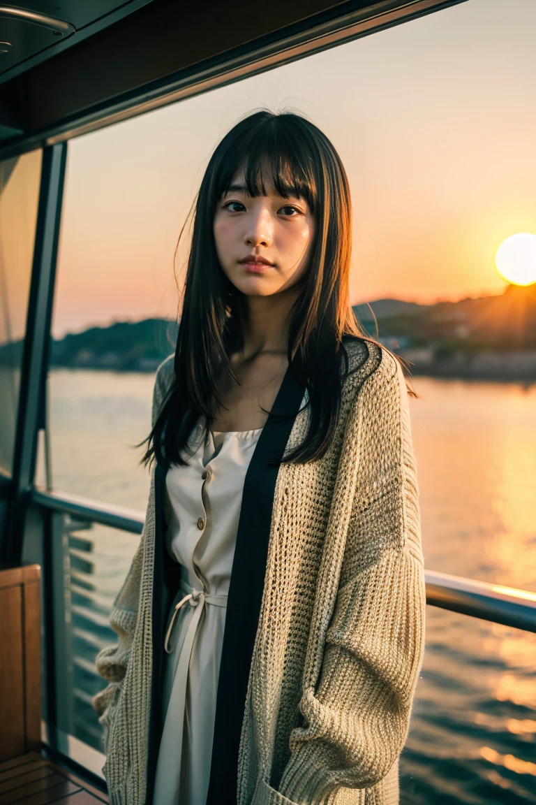 Beautiful girl wearing a summer dress、thin summer cardigan、15yo student、japanes、Sunset sea from the ship deck、No bulge in the chest、Wistful expression、Wheat-colored　The skin、heavy wind、Straight long black hair with bangs、Luxury liner、少し日焼けしたThe skin、Black、the setting sun、