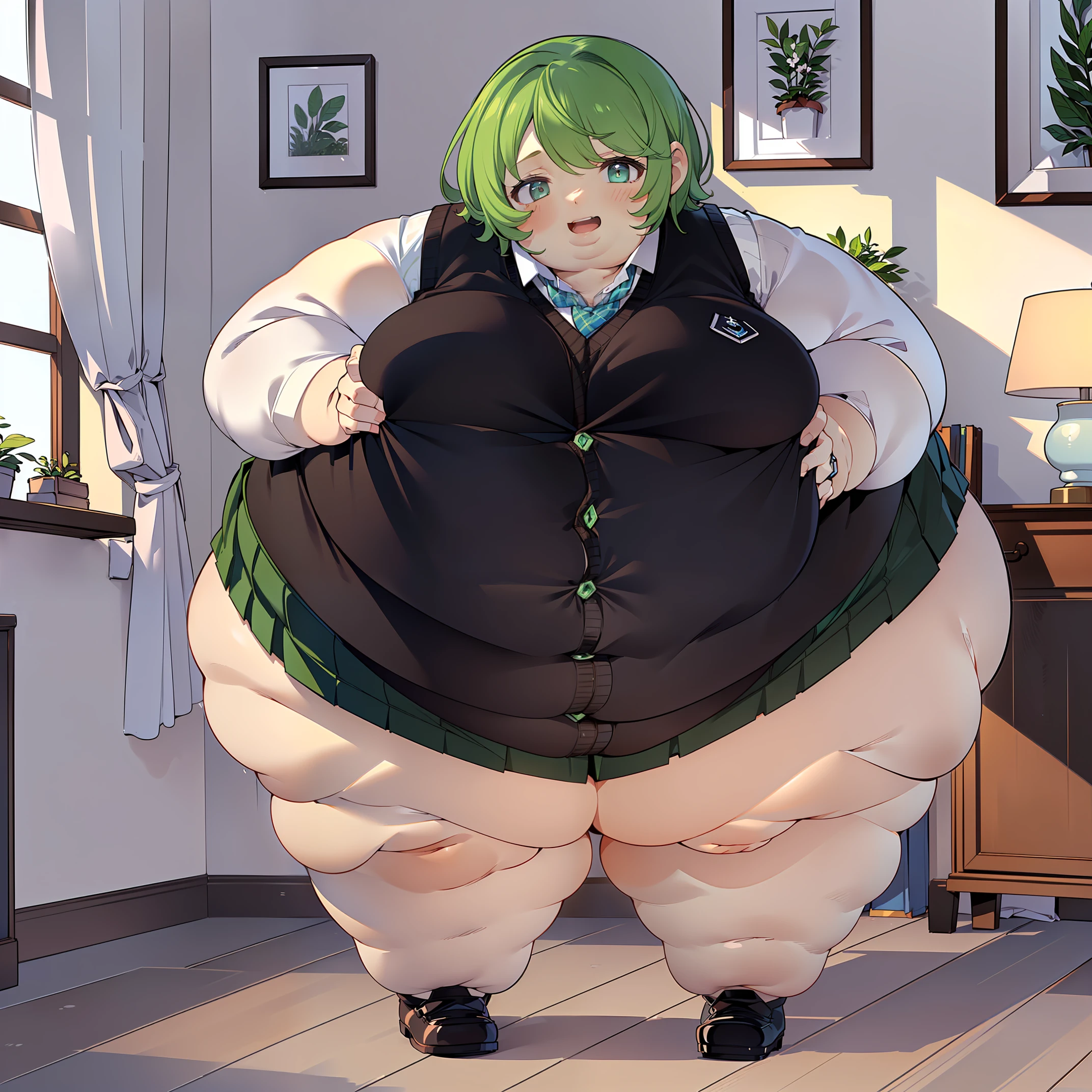(((baby cute little))), (((white shirt, sweater vest, black vest, short skirt))), ((green hair)), ((chubby)), (((obese))), ((fat face)), (((big belly))), (((open mouth))), fat wide thighs, belly, (((tender pose ))), (((in a room))), detailed background, ((full body image)), (((both hands on breasts))),