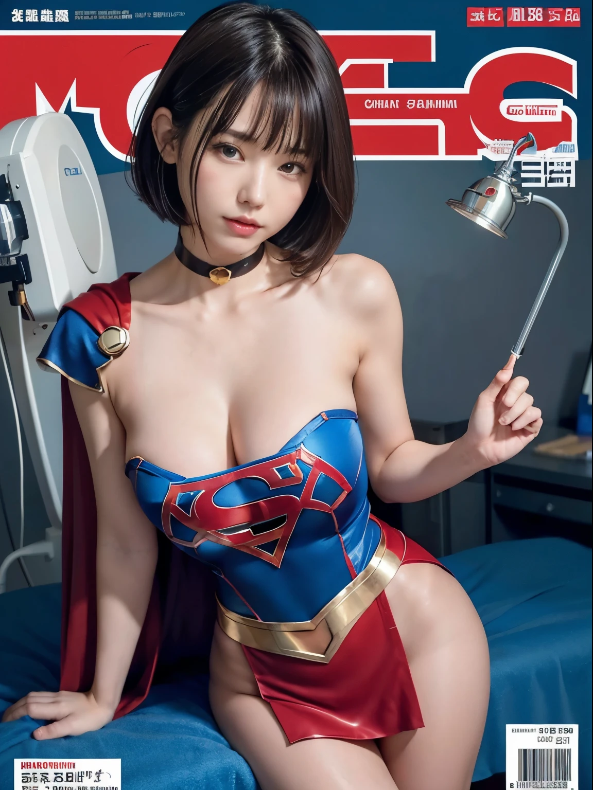 top-quality、masterpiece,Short-haired Supergirl sleeping in the operating room、Plump breasts、Looking at the camera、a choker、bare-legged、MagazineCover、highleg、a miniskirt、Tight costumes、Puzzled、Large open legs、Obscene、Show a glimpse、Fluttering cloak