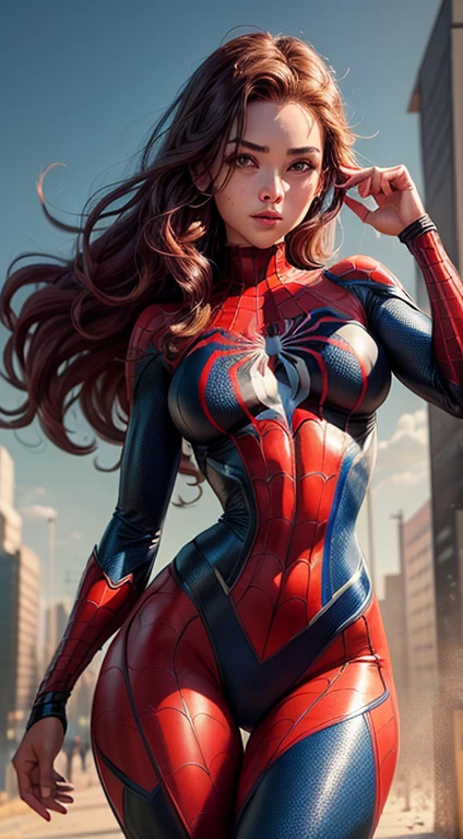 Foto de corpo inteiro, leve sorriso, a superhero dressed as Spider-Man, no mask on. a woman in a swimsuit-like Spider-Man costume, Cabelo comprido vermelhos, seios enormes, Athletic body, Vibrant and dynamic style, with solid colors and defined contours. highlighting the heroine. No distortions or imperfections. Centralized composition, foco na personagem. 8K分辨率, dimensions of 2040x2040 pixels. 
Keep female representation strong and respectful, emphasizing her role as a superhero. Ensure a balanced and coherent aesthetic with the Spider-Man universe.