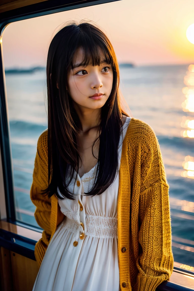 Beautiful girl wearing a summer dress、thin summer cardigan、、japanes、Sunset sea from the ship deck、No bulge in the chest、Wistful expression、Wheat-colored　The skin、heavy wind、Straight long black hair with bangs、Luxury liner、少し日焼けしたThe skin、Black、the setting sun、