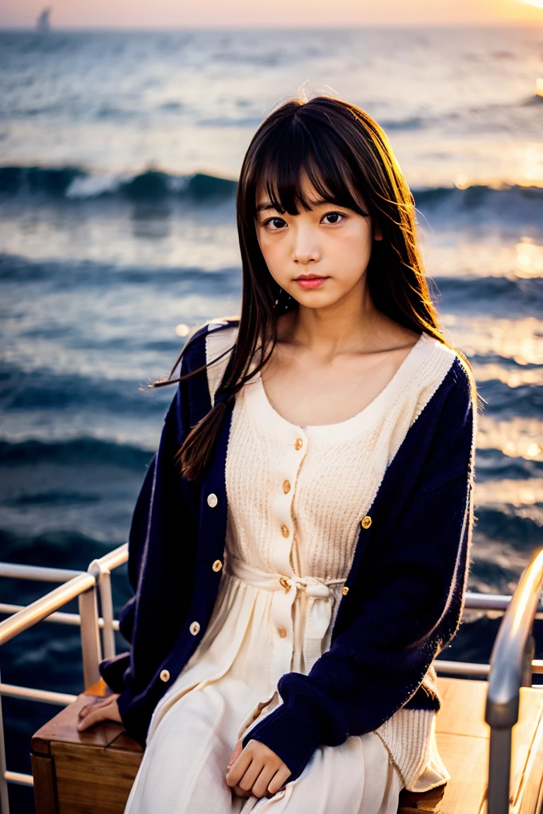 Beautiful girl wearing a summer dress、thin summer cardigan、11 year old、japanes、Sunset sea from the ship deck、No bulge in the chest、Wistful expression、Wheat-colored　The skin、heavy wind、Straight long black hair with bangs、Luxury liner、少し日焼けしたThe skin、Black、the setting sun、