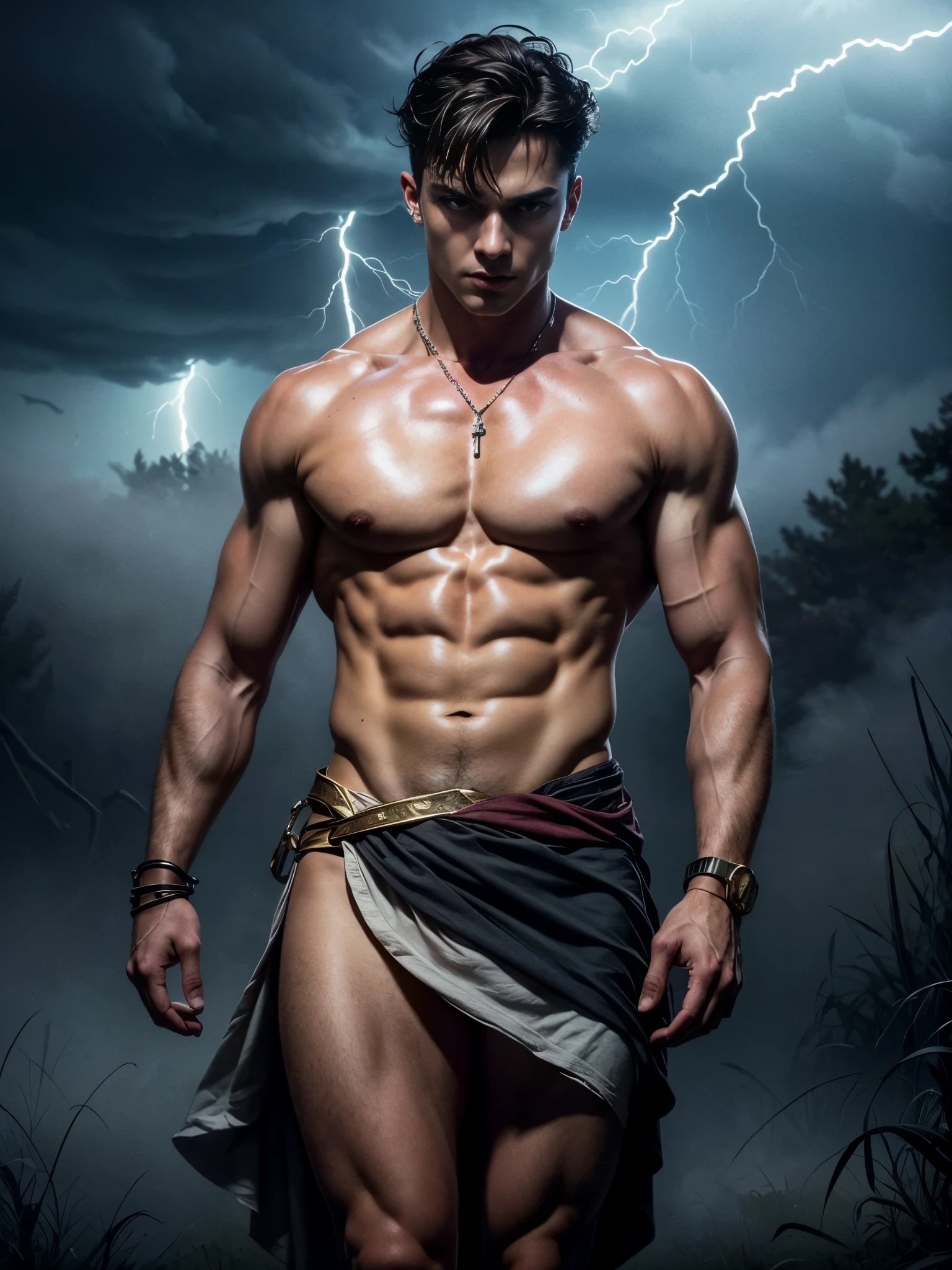 ((masterpiece)),((best quality)),8k, high detailed, ultra-detailed, Stylish Pose, real skin texture, dark cinematic lighting, 24 year-old Italian male model, handsome italian, cute looking, divine look, powerful light blue eyes, Zeus god, god of thunder, Jupiter, godly, , bending electricity, displaying the ability to manipulate lightning, creating massive lightning, white pale skin, roman god physic, intense blue eyes, dry hair dry short brown messy hair, strong jawline, masculine, muscular, defined fit body, hairless chest, shirtless, pantless, open sea, sinister aesthetic, black storm clouds, arm bracelet, lightning, clouds, thunder, walking towards the camera, (isolated:1.4), in the middle of nowhere, (tule fog:1.4), (in the middlea thick fog:1.3), night dark storm, barelegged, barefoot, antique linen spartan loincloth , white linen antique draped cloth skirt, golden chain in roman skirt,,,, dim light, dark atmosphere, cinematic lighting, Depth of field, award-winning photography, elegant, hyperrealistic, octane render, unreal, high definition, 8k resolution, highly detailed, 8k uhd, professional lighting, photon mapping, radiosity, physically-based rendering