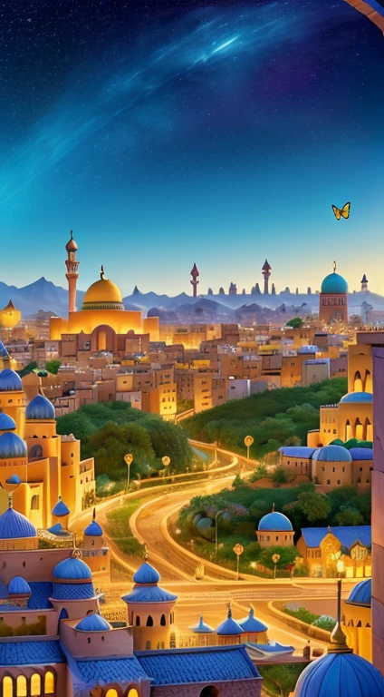 Visualize a fantastical cityscape inspired by the world of 'زهرة الأحلام' (Zaharat Al-Ahlam), where colors harmonize in unimaginable ways, and light dances on the faces of buildings. Envision a city nestled in the heart of 'وادي الأمان' (Valley of Sanctuary), adorned with enchanting flowers and where radiant butterflies collect nectar. Create an artwork capturing the magical essence of this dreamlike city.