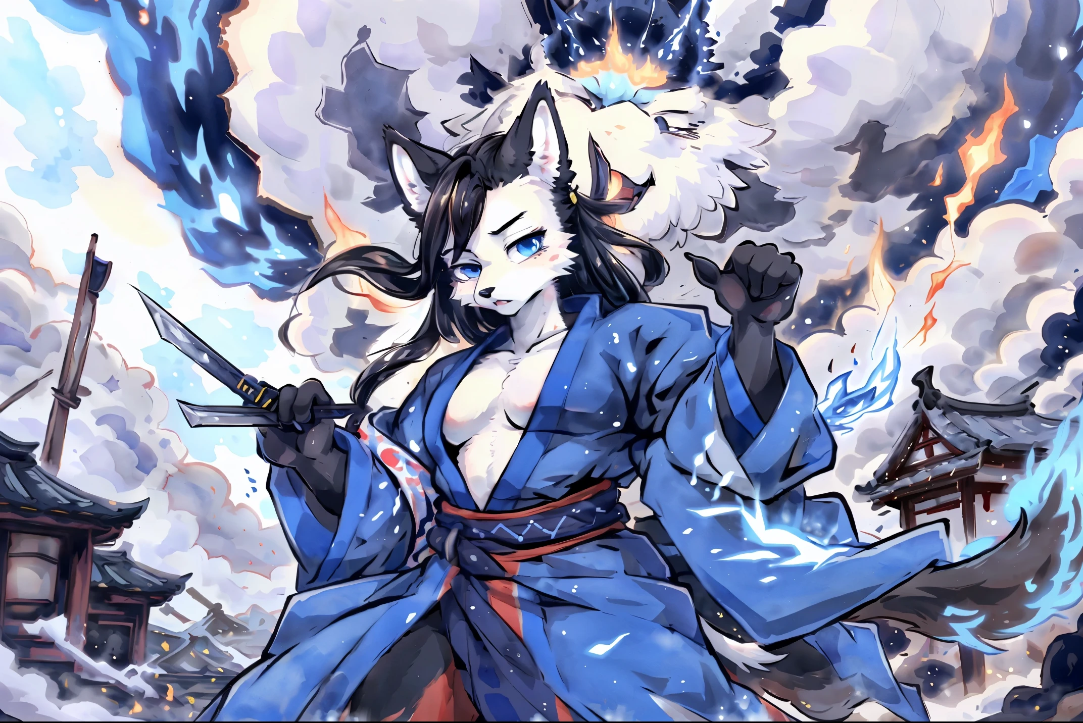 cover page, highres, top quality, best quality, paid reward available, unparalleled masterpiece, perfect artwork, absurdres, High-quality illustrations, super high resolution, detailed background, shuimobysim, perfect anatomy (furry, anthro, kemono, solo focus, Japanese kimono, ninja, samurai, sword with blue flames, battle duels),