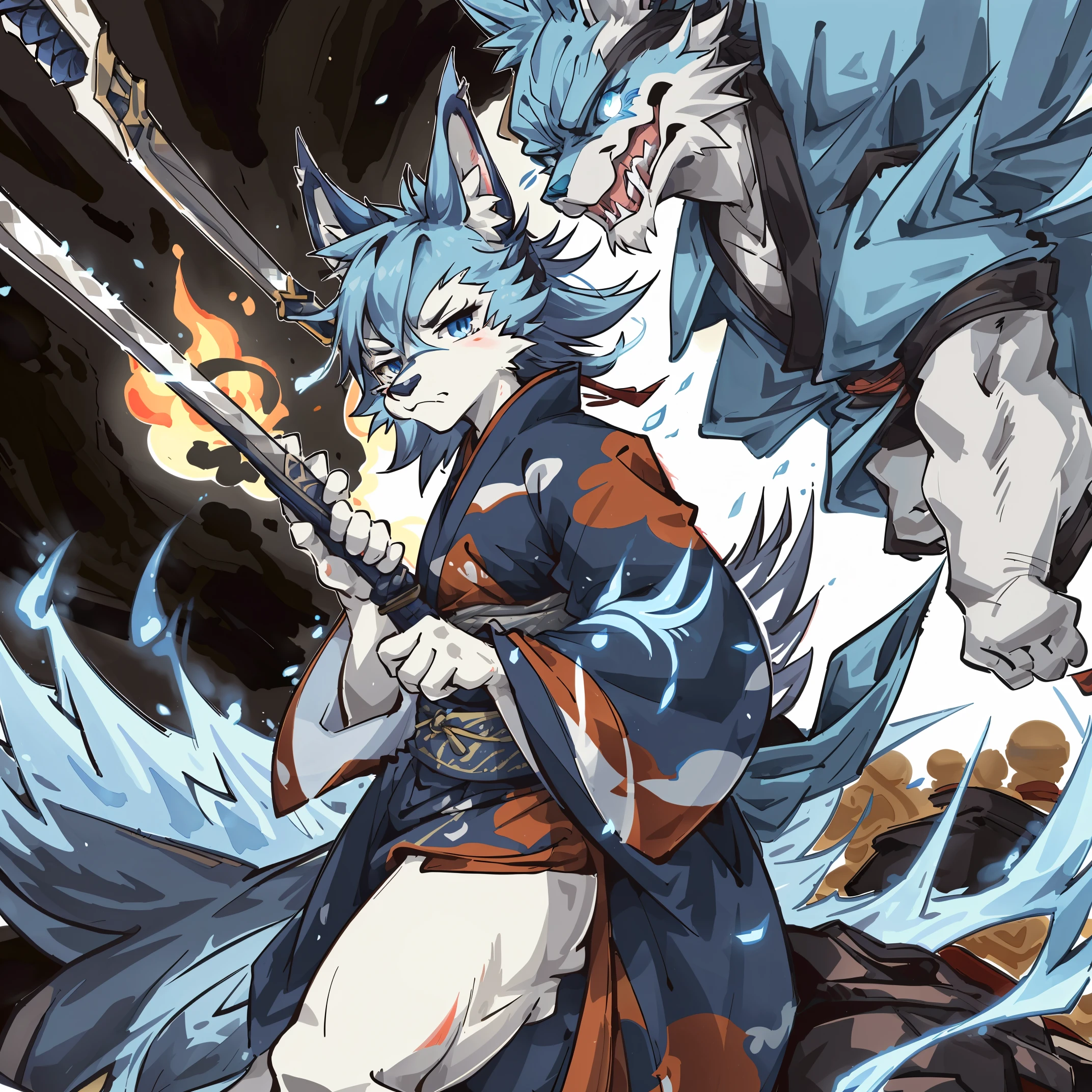 cover page, highres, top quality, best quality, paid reward available, unparalleled masterpiece, perfect artwork, absurdres, High-quality illustrations, super high resolution, detailed background, shuimobysim, perfect anatomy (furry, anthro, kemono, solo focus, Japanese kimono, ninja, samurai, sword with blue flames, battle duels),