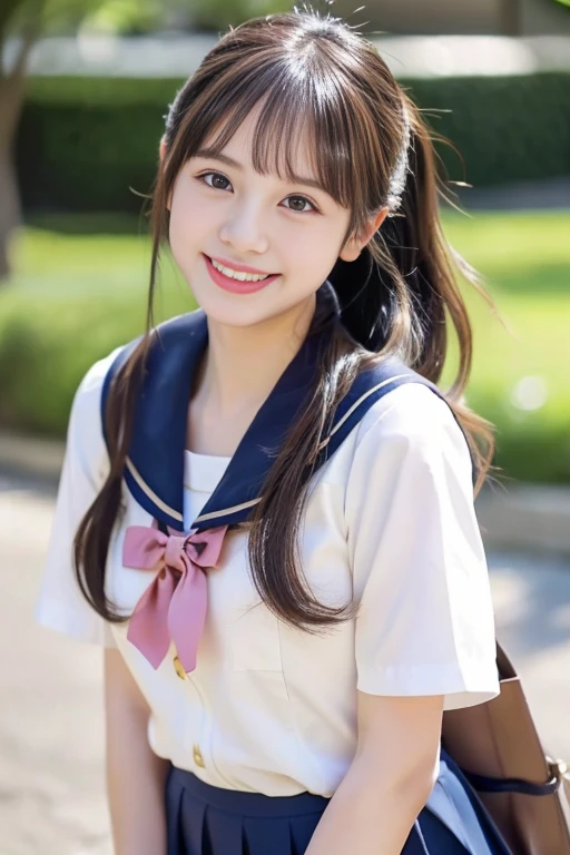 ((masterpiece))), (Two beautiful Japan girls, classmates, Innocence,kawaii),(bobhair,poneyTail,A dark-haired :1.4 ,超hight resolution, Realistic, ultra-detailliert, 8K,top-quality, Extremely detailed, Detailed background,A slender,very beautiful japanese girl, Detailed face:1.3), (a baby face,kawaii系,adorable girl),(Best Quality,Photorealistic,hight resolution),Beautiful detailed eyes,Beautiful detailed lips,Smiling,Cute and innocent look, Joyful,excited,clew,cosy atmosphere,magical moments,,memories that make you happy,cherish sisterhood,love and laughter,kawaiiセーラー服、Sailor suit with short sleeves、Navy blue skirt、Pure white、Beautiful skin、Shiny hair and moist eyebrows、Colors and landscapes of youth、Premonition of love、A slender、embarrassed grin、Attend school、morning,