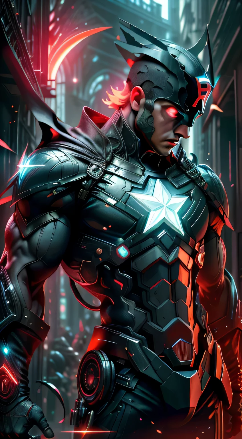 realista ,brillante, reflexivo, bioluminico, Captain America, sosteniendo un cuchillo ensangrentado, in gothic city, capa, Runas brillantes _rojo, cuerpo completo, Kinematic, fondo oscuro, Contraluz, alto contraste,