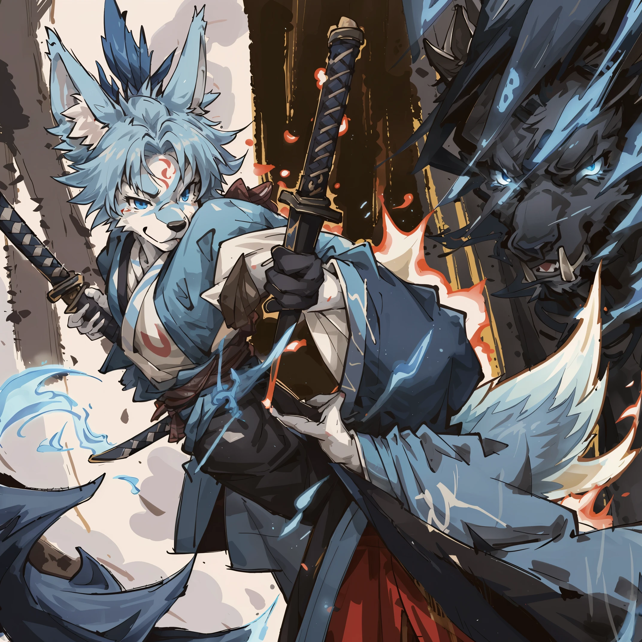 cover page, highres, top quality, best quality, paid reward available, unparalleled masterpiece, perfect artwork, absurdres, High-quality illustrations, super high resolution, detailed background, shuimobysim, perfect anatomy (furry, anthro, kemono, solo focus, Japanese kimono, ninja, samurai, sword with blue flames, battle duels),