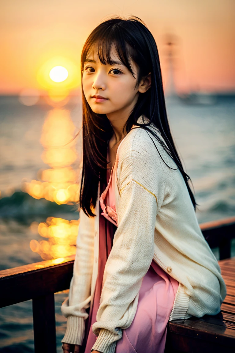 Beautiful girl wearing a summer dress、thin summer cardigan、11 year old、japanes、Sunset sea from the ship deck、No bulge in the chest、Wistful expression、Wheat-colored　The skin、heavy wind、Straight long black hair with bangs、Luxury liner、少し日焼けしたThe skin、Black、the setting sun、