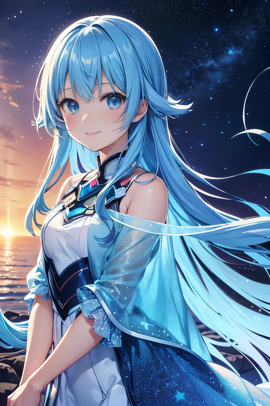 {{{masutepiece}}}, {{best qualtiy, An ultra-fine illustrations, beautifulanddelicatewater}}, {{very delicate light}}, {{Nature, Painting}}, {{Fine Lighting, More transparent stars, Very fine 8K PCG wallpaper}}, (plateau), Sunrise, randomly distributed clouds, cliff, ((Rotating starry sky)), Beautiful girl with long light blue hair with luminous particles、Twin-tailed、adorable smiling、facing front、Super Gloss Metallic Coral Rainbow Transparent Holographic Suit:1.2),