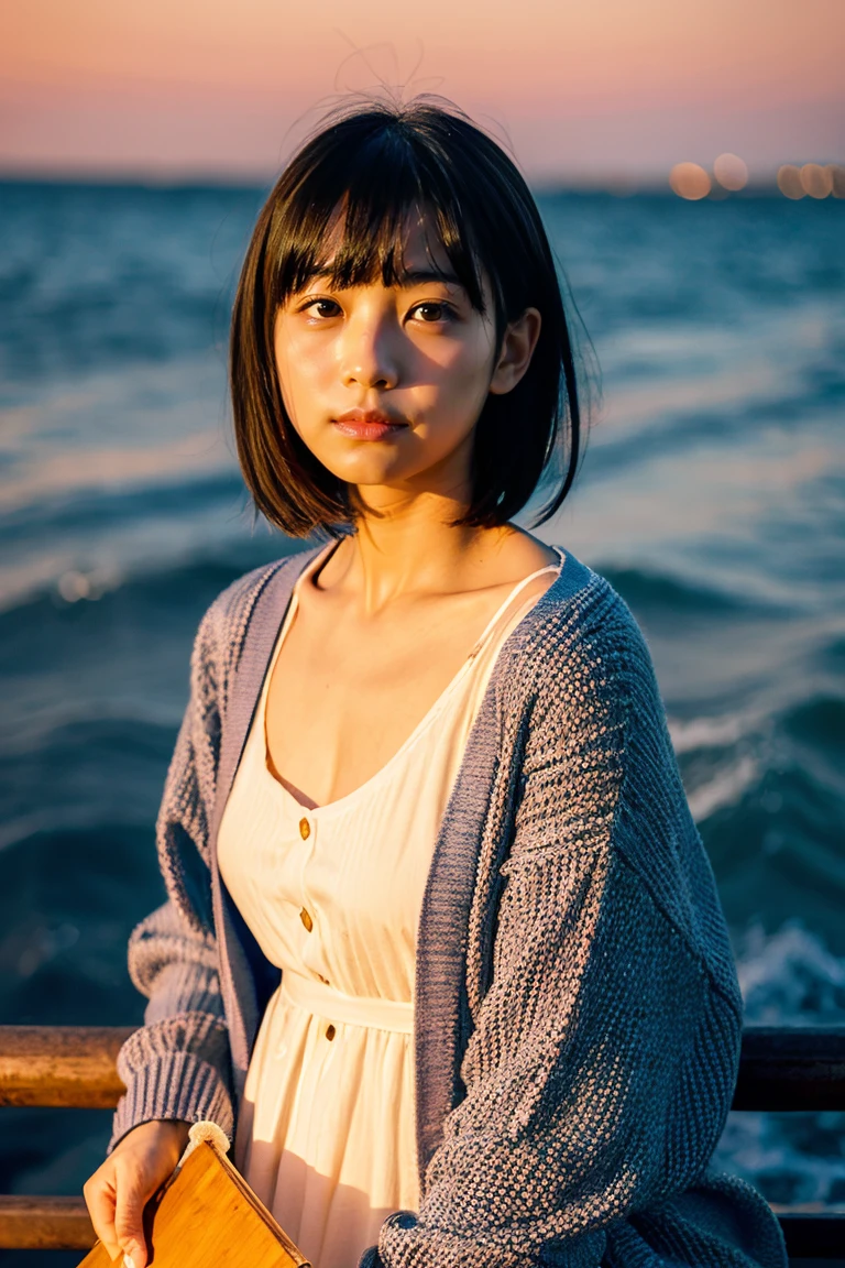 Beautiful girl wearing a summer dress、thin summer cardigan、11 year old、japanes、Sunset sea from the ship deck、No bulge in the chest、Wistful expression、Wheat-colored　The skin、heavy wind、Black hair short bob with bangs、Luxury liner、少し日焼けしたThe skin、Black、the setting sun、