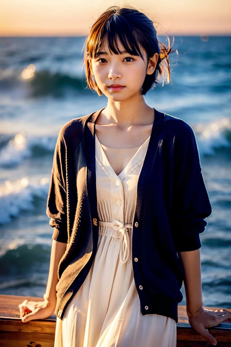 Beautiful girl wearing a summer dress、thin summer cardigan、11 year old、japanes、Sunset sea from the ship deck、No bulge in the chest、Wistful expression、Wheat-colored The skin、heavy wind、Black hair short bob with bangs、Luxury liner、少し日焼けしたThe skin、Black、the setting sun、