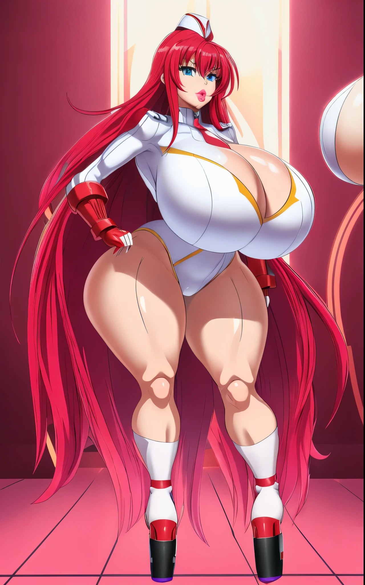 Standing at attention, saluting, rias gremory, high school dxd, huge round ass, (((bimbo))), 
(dollsuit:1.5),(dazed in a trance), (brainwashed:1.4), (platform_heels:1.5)
Red_hair,Very_long_hair, blue_EYES,Bangs, facing the viewer, 
1 girl, 20yo,Young female,Beautiful Finger,Beautiful long legs,Beautiful body,Beautiful Nose,Beautiful character design, perfect eyes, perfect face,expressive eyes,
looking at viewer, in the center of the image,(Focus on her face), facing the viewer
official art,extremely detailed CG unity 8k wallpaper, perfect lighting,Colorful, Bright_Front_face_Lighting,shiny skin, (full_body) 
(masterpiece:1.0),(best_quality:1.0), ultra high res,4K,ultra-detailed,
photography, 8K, HDR, highres, absurdres:1.2, Kodak portra 400, film grain, blurry background, bokeh:1.2, lens flare, (vibrant_color:1.2)
 (Beautiful,huge_Breasts:1.8),(beautiful_face:1.5),(narrow_waist), (thick_thighs:1.4), (wide_hips:1.5), (muscular_female:1.3), (huge_lips:1.5),(silicon_lips:1.5),(lipiller:1.5)