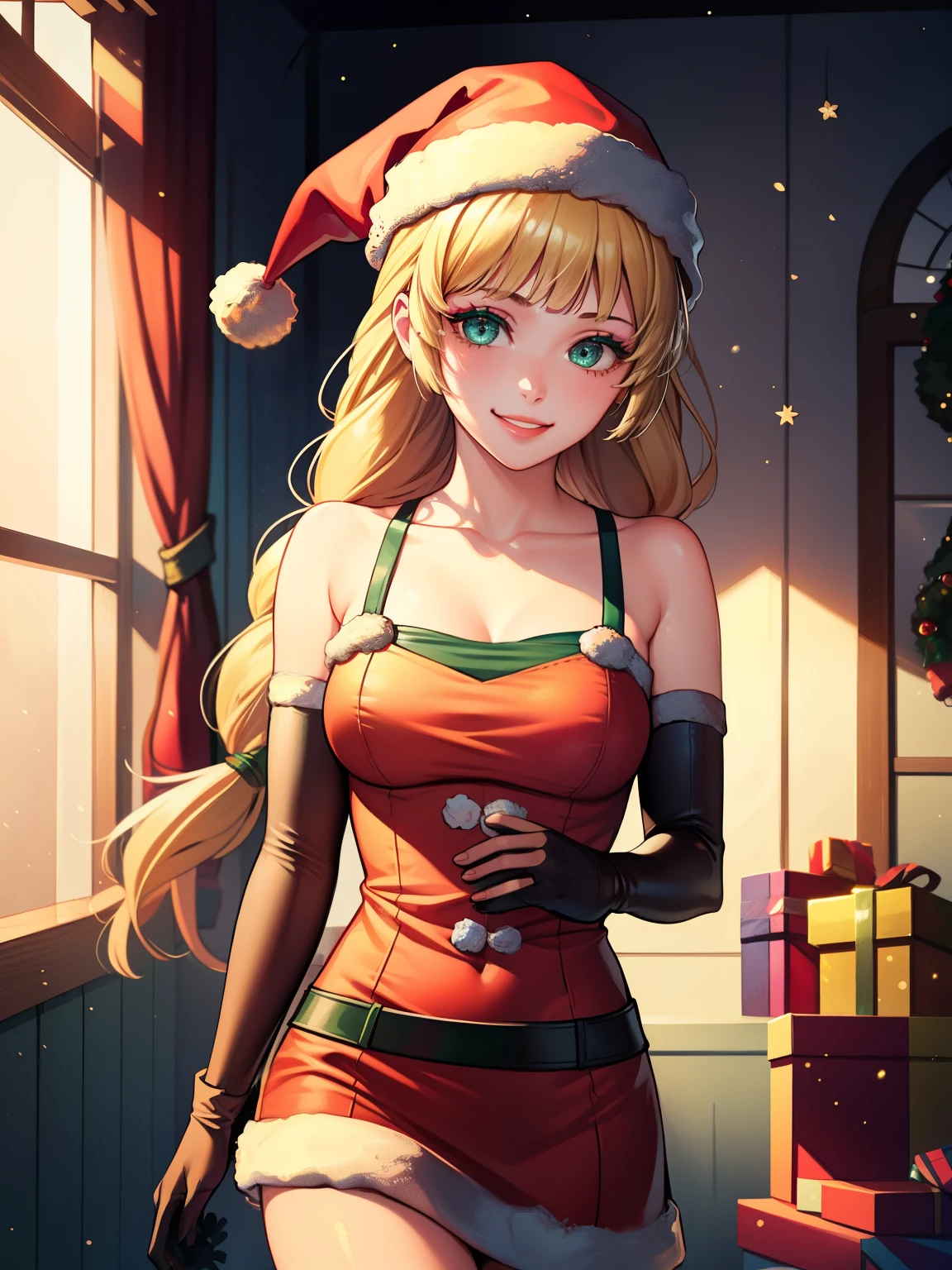 1girl, solo, masterpiece, best quality, high res, highly detailed, (illustration), beautiful detailed eyes, defIngrid, bangs, braided ponytail ,glossy lips, makeup, smile, long white elbow gloves, cowboy shot, (santa), red santa dress, santa hat, strapless dress, white elbow gloves