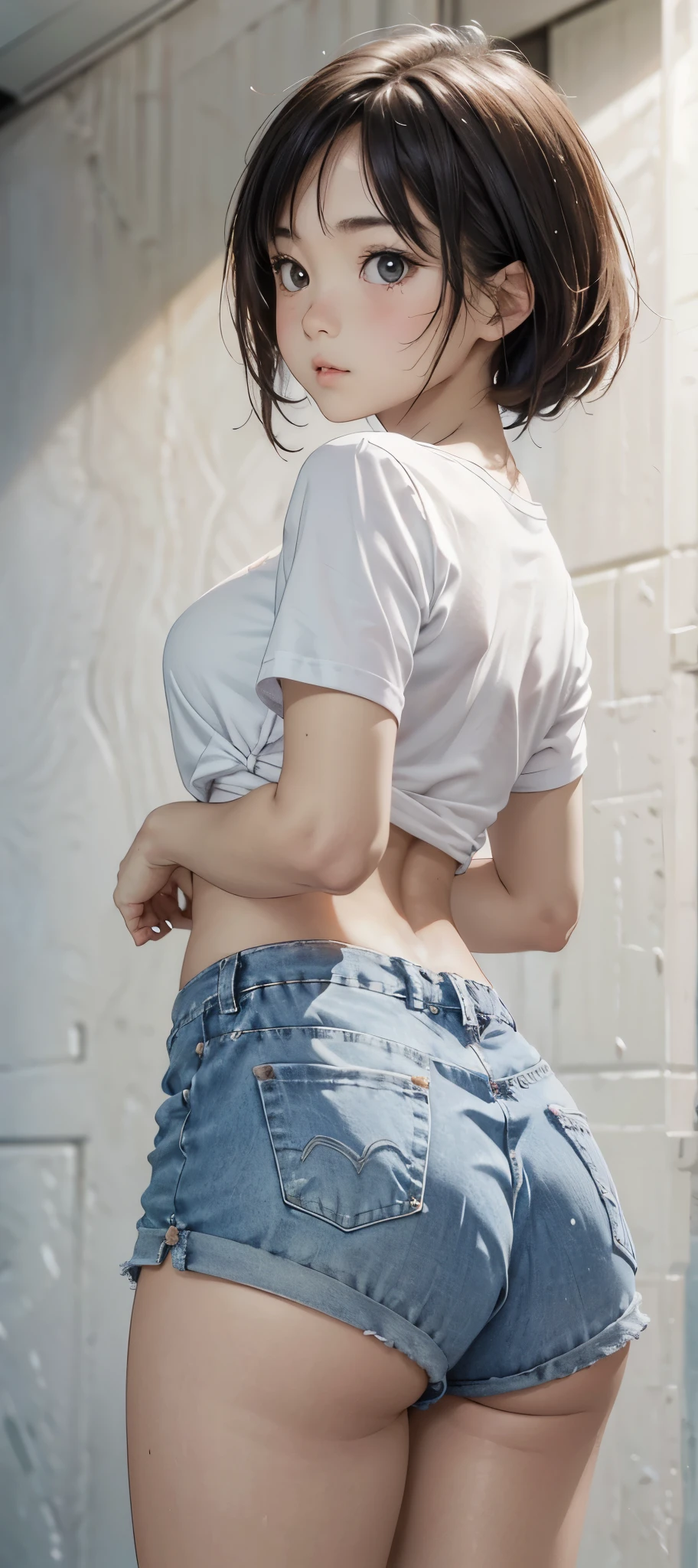 Adorable Girl . Very Kawaii , Round Face . Solo , Slim , Medium Breasts , Short Stature . Glossy Skin . Plain White T-shirt . Tight Shorts . Dynamic Angle . No Background , White Background , looking at viewer, darker shadows, (((absurdres))), (((looking back))), (((shapely butt)))