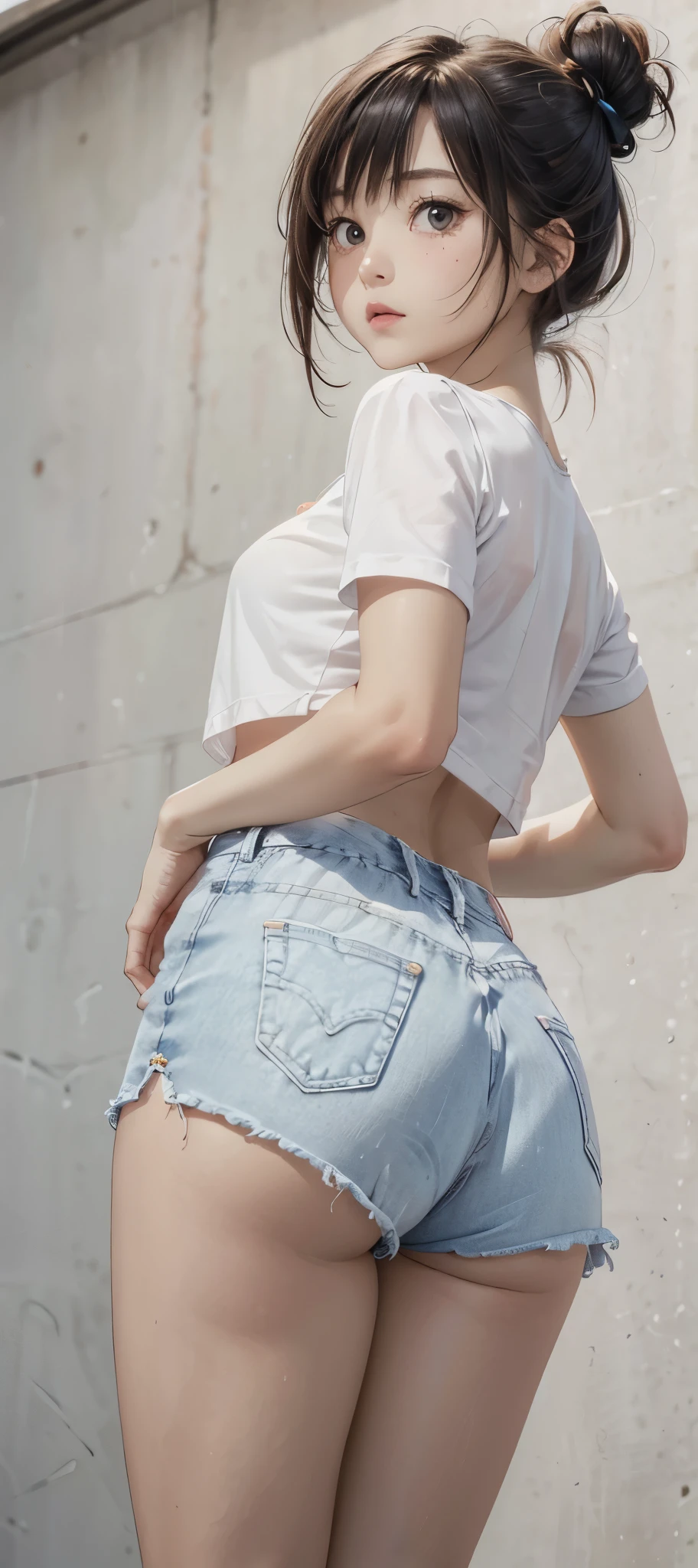 Adorable Girl . Very Kawaii , Round Face . Solo , Slim , Medium Breasts , Short Stature . Glossy Skin . Plain White T-shirt . Tight Shorts . Dynamic Angle . No Background , White Background , looking at viewer, darker shadows, (((absurdres))), (((looking back))), (((shapely butt)))