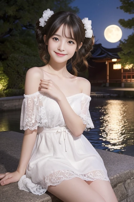 ((​masterpiece))), ((Two beautiful girls))，(japanaese girl, classmates, Innocence，kawaii，kawaii髪型、A dark-haired :1.4 ，超hight resolution, Realistic, ultra-detailliert, 8K,top-quality, Extremely detailed, Detailed background,A slender,とても美しいjapanaese girl, Detailed face:1.3), , (a baby face，kawaii系,adorable girl)，(Best Quality,Photorealistic,hight resolution),Beautiful detailed eyes,Beautiful detailed lips,Smiling,Laughing,kawaii系,having fun,Joyful,excited,clew,cosy atmosphere,magical moments,,memories that make you happy,cherish sisterhood,love and laughter、beautiful off shoulder clavicle，white lace short dress，((Perfect hands without discomfort))，Precise feet without discomfort，beautiful thigh，short-cut，poneyTail，Kissing、Lori，moonlit terrace，The moon is out，Gorgeous gardens，Looking at the camera