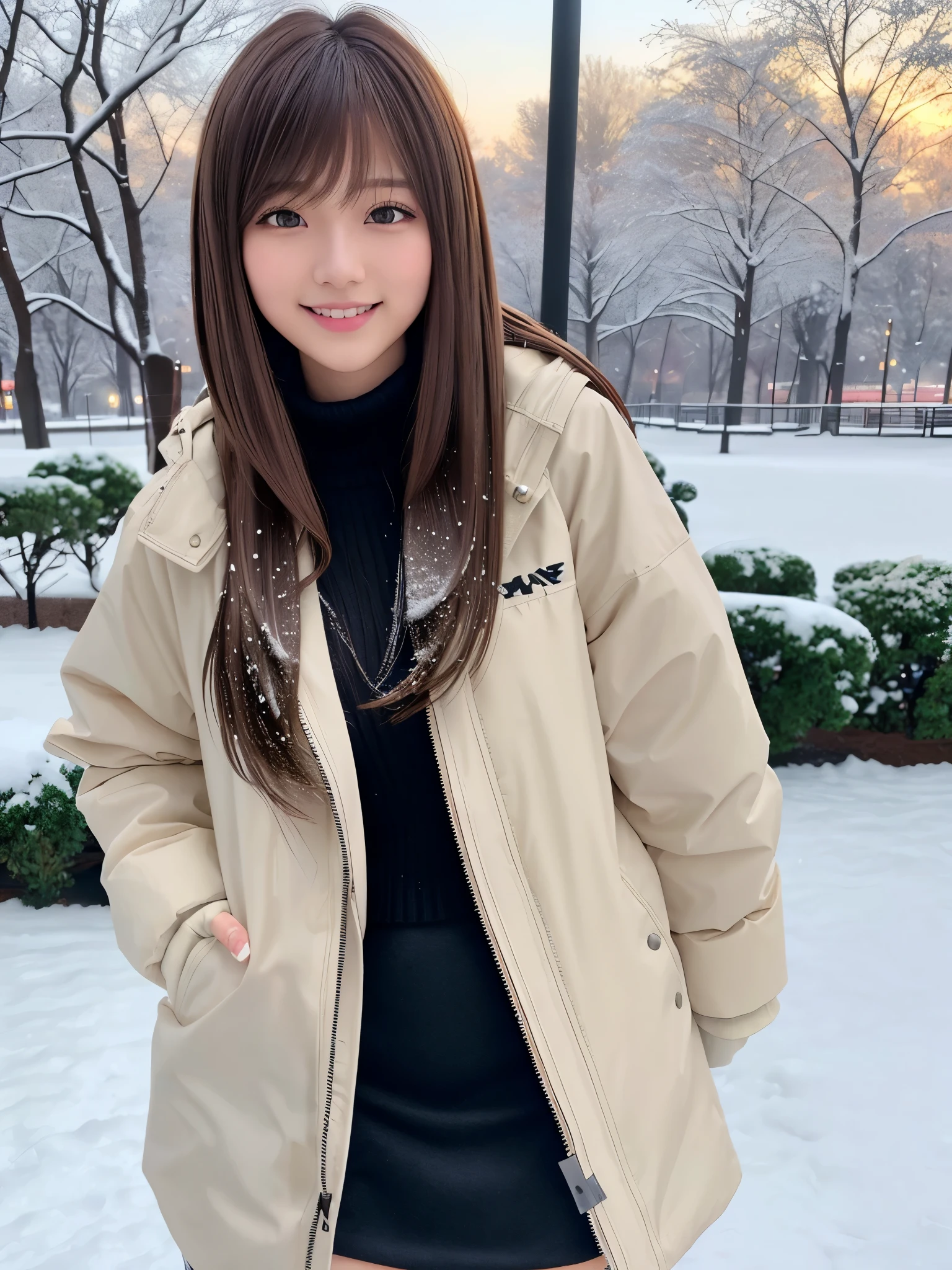 product quality, 1 girl, cowboy shot, front view, a Japanese young pretty girl, long bob hair, snow falling, playing with snow in a big park with a big smile in the city, white down parka over a black sweater, black miniskirt, knit gloves, hyper cute face, glossy lips, double eyelids for both eyes, natural makeup, shiny smooth light brown hair of long bob hair, asymmetrical bangs, high resolution, high detail, detailed hairstyle, detailed face, cinematic lighting, octane rendering, hyper realistic, perfect limbs, perfect anatomy