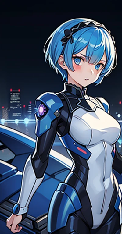 1girl, masterpiece, rem rezero, short hair, blue hair, blue eyes, serious, mechanical suit, black suit, portrait, night city background,