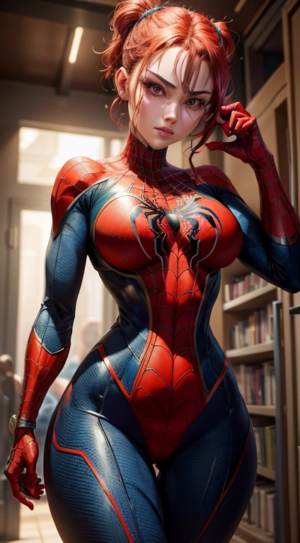 Foto de corpo inteiro, leve sorriso, a superhero dressed as Spider-Man, no mask on. a woman in a swimsuit-like Spider-Man costume, Cabelo comprido vermelhos, seios enormes, Athletic body, Vibrant and dynamic style, with solid colors and defined contours. highlighting the heroine. No distortions or imperfections. Centralized composition, foco na personagem. 8K分辨率, dimensions of 2040x2040 pixels.
Keep female representation strong and respectful, emphasizing her role as a superhero. Ensure a balanced and coherent aesthetic with the Spider-Man universe.