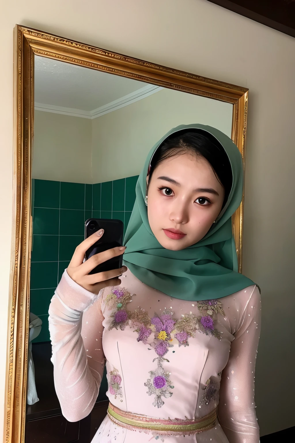 ((Perfect insane texture)), ((Perfect proportional)), ((Perfect photo)), ((Ekstremely detiled)), ((best quality)), ((masterpiece)), (detailed), perfect face
young of 15 years old indonesian wearing full of hijab dress woman and wearing kebaya indonesia traditional costume, with minus lens spectacle, in the darken room taking a selfie in front of a mirror with "iphone 15 pro" with blitz light phone, a picture by Lü Ji, instagram contest winner, aestheticism, aesthetic, feminine, clean with dusty and water spore in the mirror