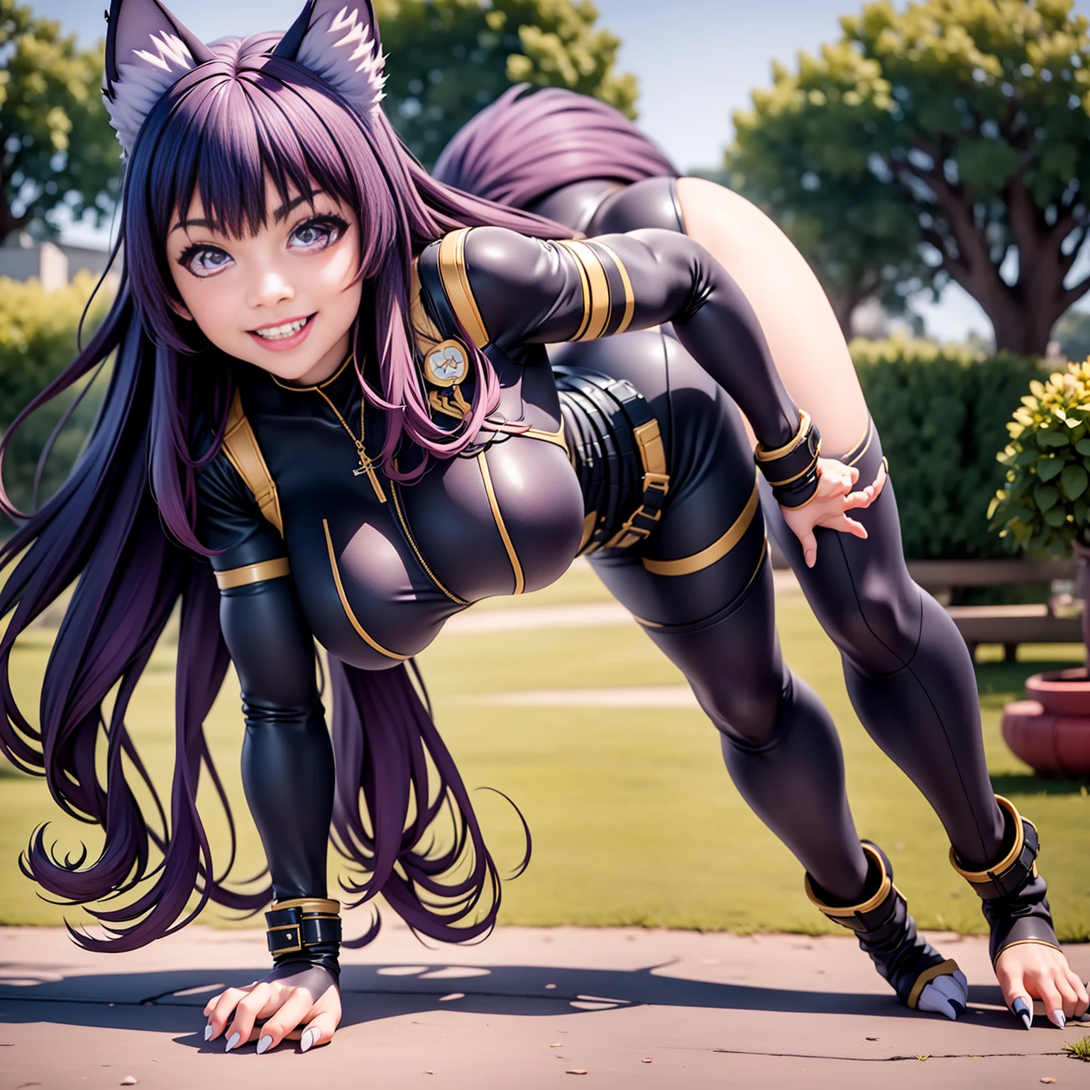 Best Quality, Master Price, 1girl in, (Solo:1.1), Ray traching, ultra-detailliert,Detailed face, 8K Wallpaper, Large breasts, Smile, wide hips, plein air, Standing, plein air,  Delta NDV, Long hair, Animal ears, Purple eyes, Bangs, Wolf ears, Looking at Viewer, Wolf tail, body suit, Tight clothes, Stomach, from the front side, (tusk, bent over, fight pose, On all fours:1.3),