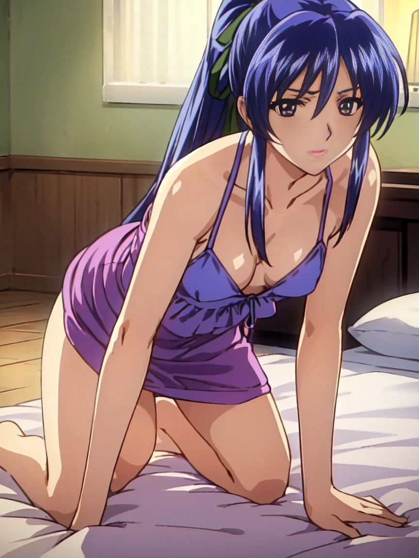 (Best Quality,hight resolution,masutepiece:1.2),Ultra-detailed,(Realistic,Photorealsiticです,Photorealsitic:1.37),Game CG,1girl in, 16yo girl, Blue hair, (half up:1.1), (small tits:1.3), (Purple Nightgown、Transparent), Eyes and faces with detailed, I'm blushing, Bewitching look, Soft lighting, Full-body angle, Western-style room、bet、Sleeping、Thighs